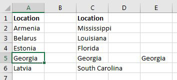 The Data Types look at surrounding cells for context. Georgia is in A5, C5, and E5. Column A contains other former Soviet Repulbics. Column C contains states. Column E is blank except for Georgia. 