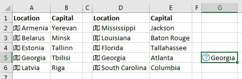 The Geography Data Type conversion works correctly, providing the country of Georgia in column A, the state in column C. But for the lone entry of Georgia in column E, you get a circled question mark icon instead of the map icon.