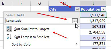 If the data types are in a Table, the Filter drop-down offers a new technique. Even though the column says City, you can open the Select Field drop-down menu and choose Longitude or any other field. When you Sort Smallest to Largest, the cities are sorted west to east. 