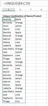 A formula that points to two columns will return every unique combination of Name and Product:  =UNIQUE(B4:C29). 