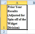 A long heading in A1 says "prior year results (Adjusted fot the spin-off of the Widget Diviision)