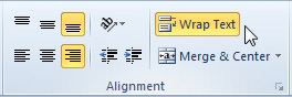 Wrap Text is an icon in the Alignment group of the Home tab.