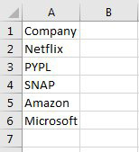 The heading in A1 is Company. Other items are Netflix, PYPL, SNAP, Amazon, and Microsoft. 