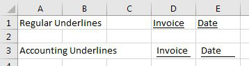 Regular underlines only underline the characters entered in the cell. Accounting underlines stretch 90% of the way across the cell, even if there is short text entered. 