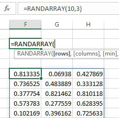 The syntax for RANDARRAY is Rows, Columns, Min, Max, Integer. Every argument is optional. In this image, =RANDARRAY(10,3) returns 10 rows and 3 columns of RAND. 