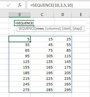 The syntax of SEQUENCE is Rows, Columns, Start, Step. In this figure =SEQUENCE(10,3,5,10) returns three columns and 10 rows of numbers. The first row is 5, 15, 25. The next row is 35, 45, and 55. This pattern continues down to 275, 287, 295 in the tenth row. 