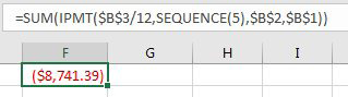 Wrap the IPMT in a SUM function and you get one answer that is the sum of the five months. =SUM(IPMT($B$3/12,SEQUENCE(5),$B$2,$B$1)).