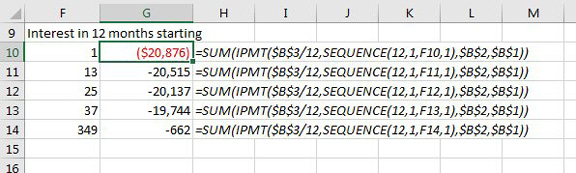 This worksheet calculates total interest for each 12 month span. Enter the numbers 1, 13, 25, 37 down the column starting in F10. Then use SEQUENCE(12,1,F10,1) as the Month argument in iPmt. 