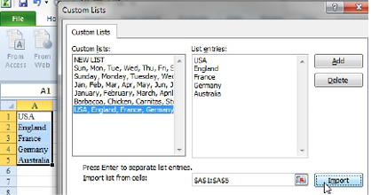 Select, File, Options, Advanced, Edit Custom Lists. To the left of the Import button, choose the location of your list. Then, click Import. 