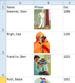 An employee roster. Name in A, Phone Extension in C. Each of the B cells contain a photo of the person. 