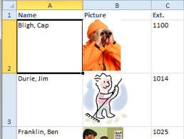 If you sort by name in column A, the photos in column B will sort with the cell. Be careful to never let a photo move so it crosses into the cell above. 