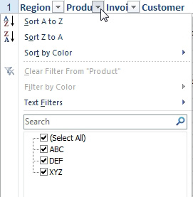 Open the Product drop-down. You can Sort AZ, ZA, by color. A flyout menu offers Text Filters. There is a Search box. Then, checkbpxes next to (Select All), ABC, DEF, and XYZ.