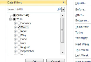 If the column you are filtering contains dates, the Date Filters flyout menu offers Equals, Before, After, Between, Tomorrow, Today, Yesterday, Next Week, This Week, Last week, and others.