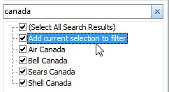 Search for Canada. By choosing Add Current Selection to Filter, you will get all customers with Oil or Canada in their name.