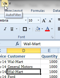 With the new AutoFilter icon in the Quick Access Toolbar, and without any filters applied, choose WalMart from the customer column. Click the AutoFilter in the QAT.