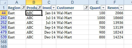 After autofiltering to Walmart, choose East in the Region column and AutoFilter again. Then ABC in the product field and click AutoFilter. You've filtered three columns without opening a single drop-down menu.