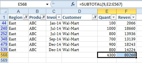 After applying a filter, go to the first blank row visible below your numeric columns. Press the AutoSum icon to insert formulas using the SUBTOTAL function. This gives you the total of the visible cells. 