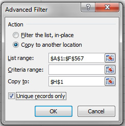 In the Advanced Filter dialog, change the Action to Copy to Another Location. The List Range is A1:F567. The Copy to location is the word Customer in H1. Choose the box for Unique Records Only, then click OK.