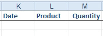 The output range in K1:M1 contains three headings from the data set in a new order from the original data set:  Date, Product, and Quantity