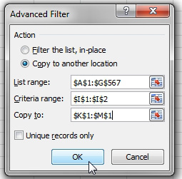 In the Advanced Filter dialog, choose Copy to Another Location. The List Range is A1:G567. The Criteria range is I1:I2. The Copy To range is K1:M1. Do not choose Unique Records Only. Click OK.