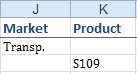 A different criteria range with headings for Market in J1 and Product in K1. The Market in J2 is Transportation. The Product of S109 is in K3. Because S109 and Transportation are on different rows, the criteria is treated as an OR. You will get records that are either Transportation or product S109.