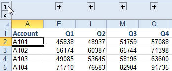 Instead of using the four individual Minus sign icons for the four quarters, use the Number 1 Group and Outline button to collapse all four quarters at once. This time, there are only two Group and Outline buttons, labeled 1 and 2. They are found above and to the left of the grid. (They are directly above the row numbers 1, 2, 3 and to the left and above the column label for A. 