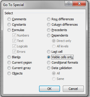 The Go To Special dialog box with Visible Cells Only selected. This is a versatile dialog, with fifteen different choices and 8 sub-choices. Since this is the first time the dialog is mentioned in the book, the main choices are: Comments, Constants, Formulas, Blanks, Current Region, Current Array, Objects, Row Differences, Column Differences, Precedents, Dependents, Last Cell, Visible Cells Only, Conditional Formats, and Data Validation. 
The sub-choices work like this:  If you choose Constants or Formulas, then you can choose any combination of Numbers, Text, Logicals, or Errors.
If you choose Precedents or Dependents, then you can choose either Direct Only or All Levels. If you choose Data Validation or Conditional Formats, then you can choose All or Same. 