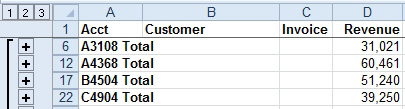 If you subtotal by Account number and then collapse to the #2 view, you can't see the customer names on the total rows.