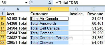 Select all blank cells in the Customer column. Type ="Total"& and then press the Up Arrow. Finish with Ctrl+Enter.