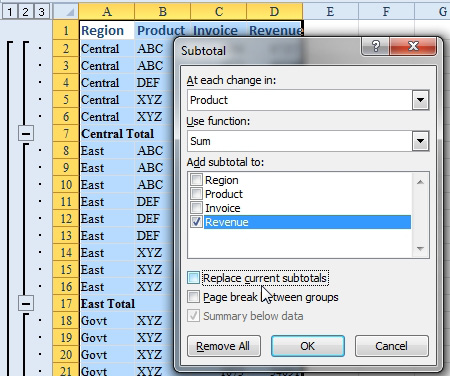 A data set has Subtotals by Region. Invoke the Subtotal command again, this time, choose At Each Change in Product. Unselect the box at the bottom for Replace Current Subtotals.