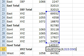 Continuing the bad example of how *not* to do Subtotals, if you then add totals by Region, the XYZ Total spans East XYZ, East Total, Government XYZ, and Government Total.