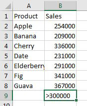 In the blank cell below a column of sales figures, type >300000. Keep that cell selected when you click the AutoFilter icon. 