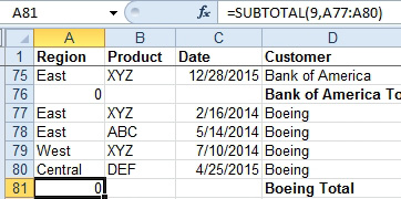 Including Region as one of the columns to Subtotal leads to a bunch of 0 answers, since East+West+Central is zero. But: notice the formula bar in the Region column: =SUBTOTAL(9,A77:A80). The goal is to change the function numer from 9 to 3 for COUNTA.