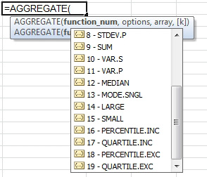 The AGGREGATE function offers the same 11 function numbers as SUBTOTAL, with eight extra functions:
12 Median
13 Mode.SNGL
14 Large
15 Small
16 Percentile.Inc
17 Percentile.Exc
19 Quartile.Exc