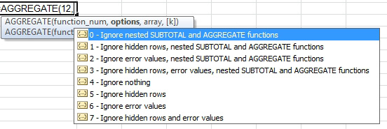 Continuing with the AGGREGATE function, the Options argument offers 8 choices:
0 Ignore nested Subtotal and Aggregate Function (this phrase is shortened to "Nested" in choices 1, 2, and 3.
1 Ignore hidden rows and Nested
2 Ignore error values, plus Nested
3 Ignore errors, hidden, and Nested
4 Ignore Nothing
5 Ignore Hidden
6 Ignore Errors
7 Ignore Hidden and Errors 