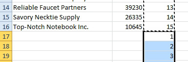 In column C, number the records 1, 2, 3, and so on. Copy those numbers and paste to the first blank cell in column C. This gives you two sets of numbers 1, 2, 3, 4, ... 15, 1, 2, 3, ... 15.