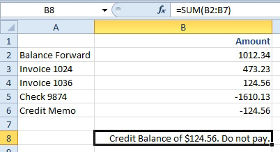 A cool trick: a SUM function in C8 returns a calculated value of -124.56.  However, the cell displays "Credit Balance of $124.56. Do not Pay."