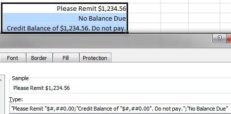 The entire custom number format uses three separate phrases for positive, negative, and zero:
"Please Remit "$#,##0.00;
"Credit Balance of "$#,##0.00;
"No Balance Due"