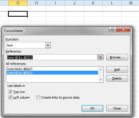 In the Consolidate dialog, the Function is chosen to be Sum. Specify the address for each list and click the Add button to get the complete list of references in the All References box. Near the bottom left, choose Top Row and choose Left Column. Do not select Create Links to Source Data. Click OK.