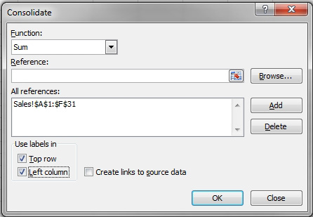 The Consolidate dialog box with one reference in the All References box. 