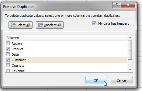 In the Remove Duplicates dialog, click Unselect All. Then choose the checkboxes for Product and Customer. 