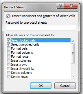 The Protect Sheet dialog. Choose the box at the top for Protect Worksheet and Contents of Locked Cells. Skip the password box. You then have a series of checkboxes in a section called Allow All Users Of This Worksheet To:
Select Locked Cells
Select Unlocked Cells
Format Cells
Format Columns
Format Rows
Insert Columns
Insert Rows
Insert Hyperlinks
Delete Columns
Delete Rows. 
There are more items that you can scroll to.