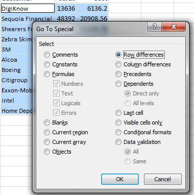 Select Home, Find & Select, Go To Special. In the Go To Special dialog, choose Row Differences. 