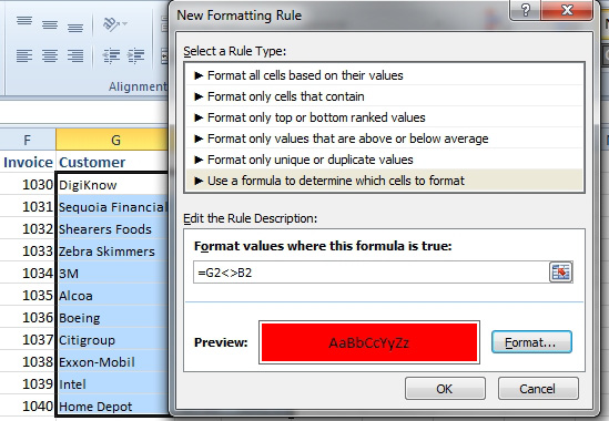 Achieving the same effect using Conditonal Formatting:  Celect G2:I2 and set up a rule that uses this formula:  =G2<>B2.  For the Format, use a red fill. 