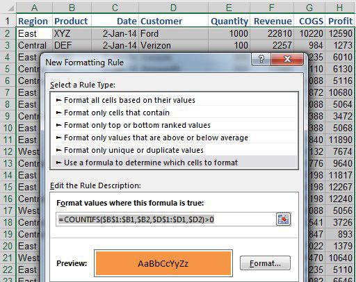 A condtional formating trick to highlight the second (and subsequent) occurences of each customer. This previews what Excel will remove when you use Remove Duplicates. The formula used for Conditional Formatting uses COUNTIF to find all cells above the current cell equal to the customer in B of the current row. If the CountIF is greater than 0, highlight the cell in orange. 