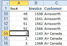 The results of the Record Number column. There must be 52 rows for the customer Ainsworth. The last Ainsworth row in A53 has a record number of 52. When Air Canada occurs in C54, the record number resets to 1, followed by 2, and so on. 