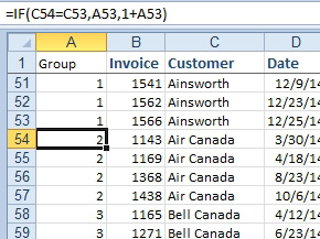 Data is sorted by customer. You would like to add a new Group  column with a new number for each group of customers. In this example, Ainsworth would be assigned to Group 1. The next customer, Air Canada would be assigned to Group 2. Bell Canada would be assigned to Group 3. The formula in A54 is =IF(C54=C53,A53,1+A53). Customers are in C.