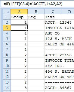 The formula in A3 is =IF(LEFT(C3,4)="ACCT",1+A2,A2). This says if we are at the top of the next record, add one to the previous group number. Otherwise, copy the Group Number from above. The figure shows this working with the first six rows labeled 1, then six rows labeled 2, and so on.