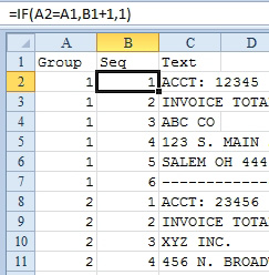 The formula for Sequence in B2 is =IF(A2=A1,B1+1,1). This says: If this Group equals the previous group, then add one to the previous sequence. Otherwise, reset the sequence to 1.