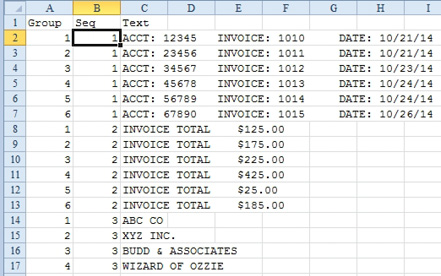 With the Group and Sequence changed to values, you can sort by Sequence to get all of the rows that Have Account, Invoice, and Date in one section, followed by group 2 with Invoice Total, followed by Group 3 with Customer Name. 